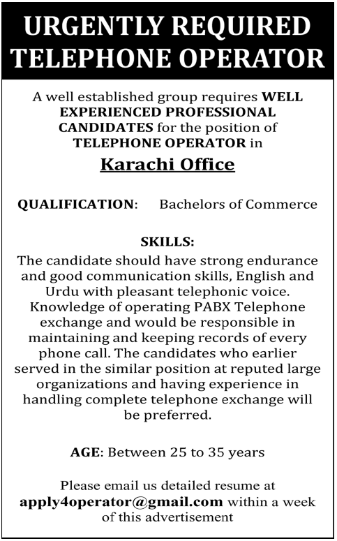 Telephone operator job opertunity