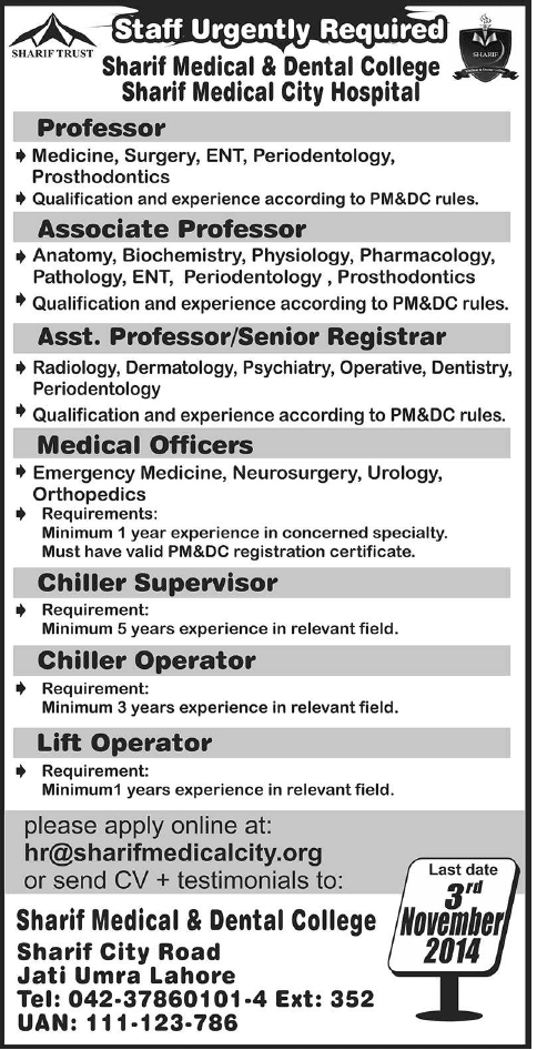 staff required at Sharif medical college