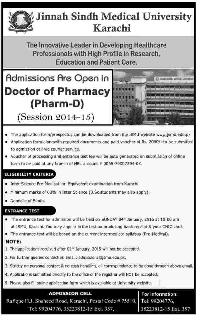 Jinnah medical college d pharm admission